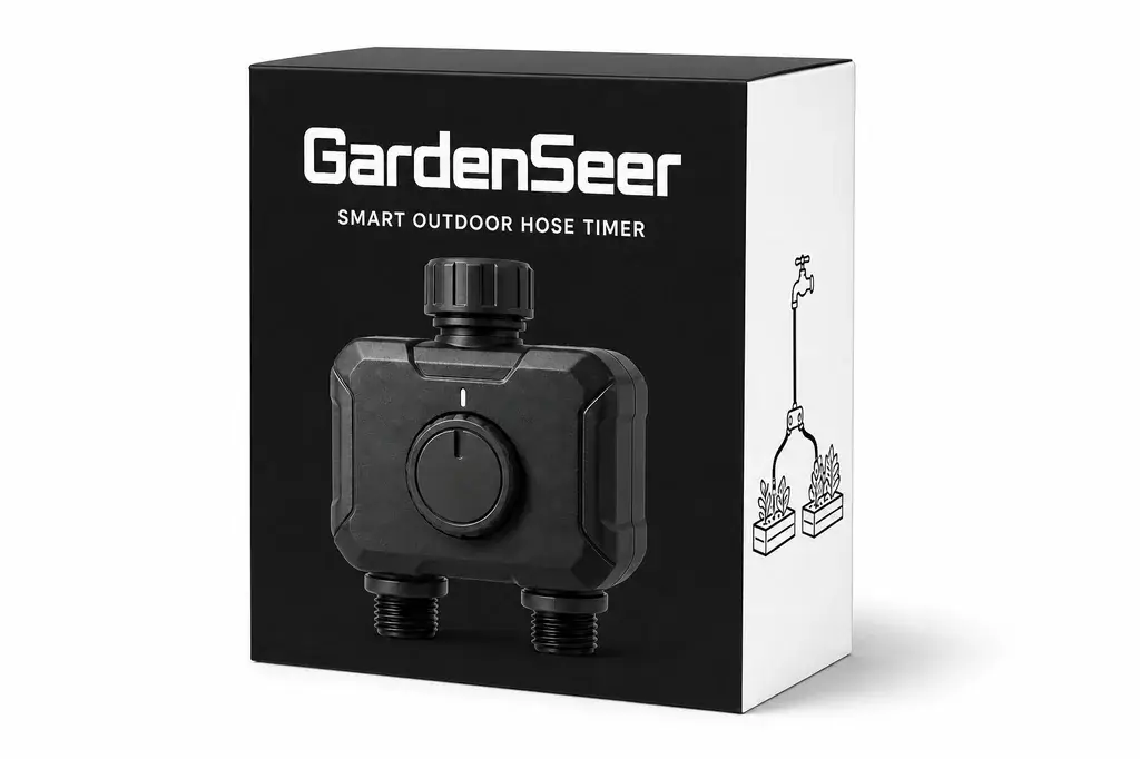 GardenSeer smart outdoor hose-timer packaging concept; final hardware and packaging have not been selected