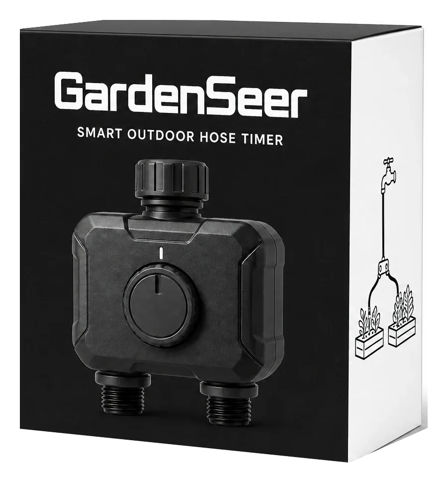 GardenSeer smart outdoor hose-timer packaging concept; final hardware and packaging have not been selected